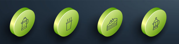 设置等距线法式压机，一杯茶，一块蛋糕和图标。向量图片下载