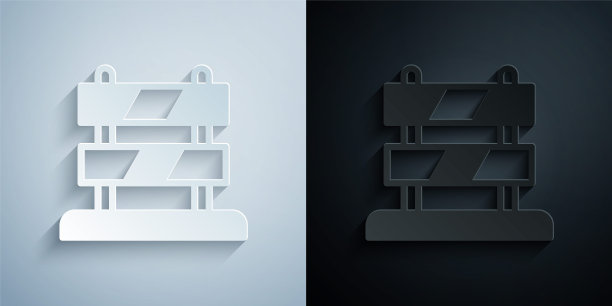 在灰色和黑色背景上孤立的铁路末端图标。停止的迹象。铁路缓冲端到目的地。纸艺术风格。向量图片下载