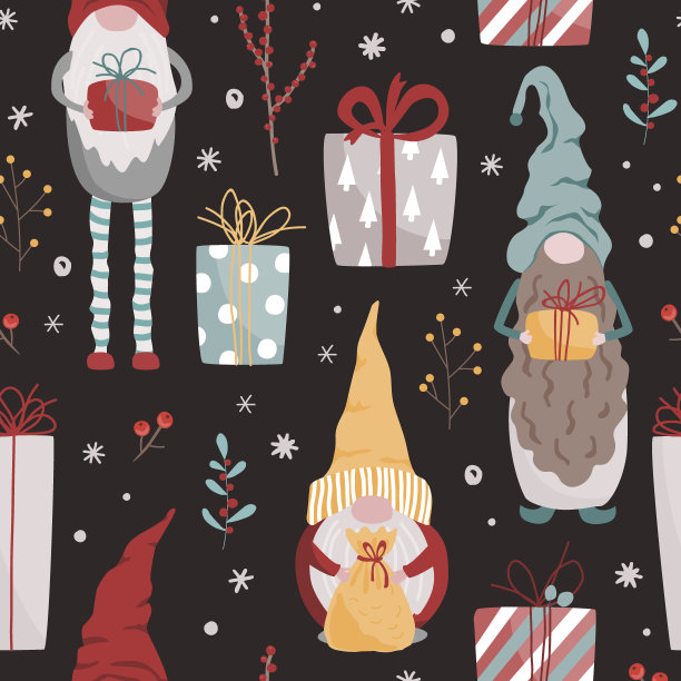 圣诞图案与斯堪的纳维亚地精，礼物，和圣诞树枝孤立在黑暗的背景。手工绘制的矢量插画为包装纸，纺织品，墙纸，卡片。图片下载
