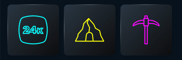 设置线金条24k，鹤嘴锄和矿山。黑色方形按钮。向量图片下载