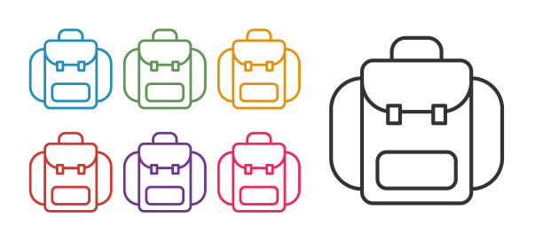 设置行徒步旅行背包图标孤立的白色背景。野营和登山探索背包。设置图标丰富多彩。向量图片下载