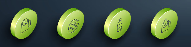 设置等距线茶时间，饼干或饼干，瓶水和杯子茶与叶子图标。向量图片下载