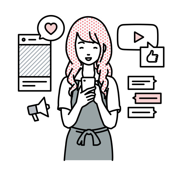 一名女子穿着围裙，在各种社交网络和messenger上享受着交流，她站在那里，看着手中的智能手机图片下载