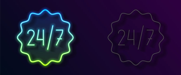 发光的霓虹灯线时钟24小时图标孤立在黑色的背景。全天循环图标。24小时服务标志。向量图片下载