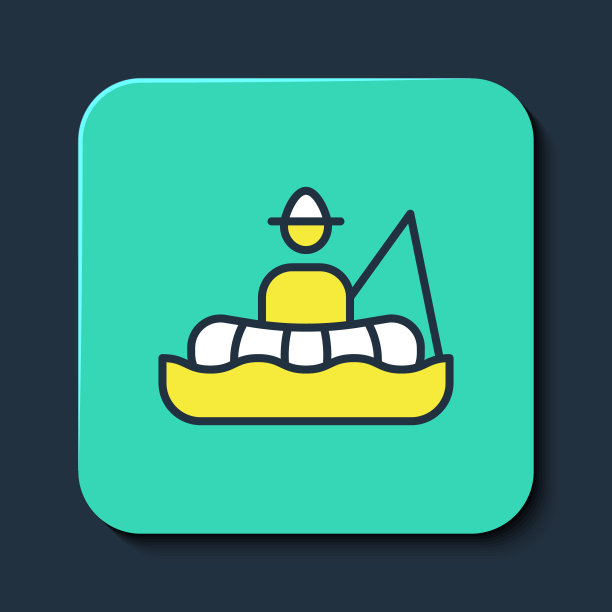 填充轮廓渔夫坐在一艘船和钓鱼与一个竿图标孤立在蓝色的背景。绿松石平方按钮。向量图片下载