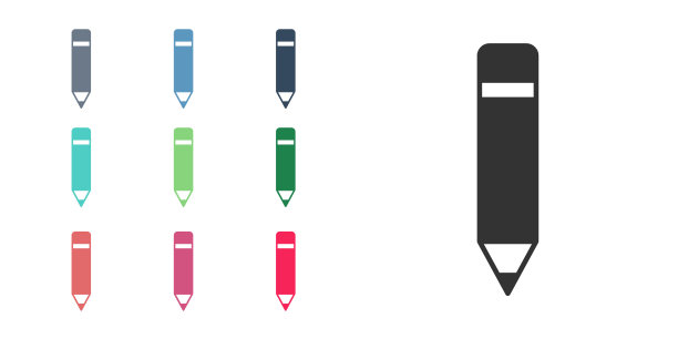 黑色铅笔与橡皮图标孤立的白色背景。绘画和教育工具。学校办公室的象征。设置图标丰富多彩。向量图片下载