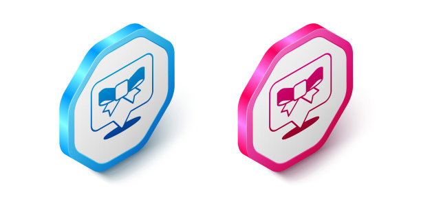 等距礼品弓图标孤立的白色背景。六角按钮。向量图片下载