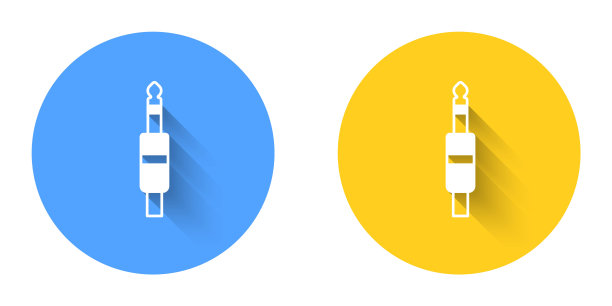 白色音频插孔图标孤立与长阴影背景。用于连接声音设备的音频电缆。插线。乐器。圆按钮。向量图片下载