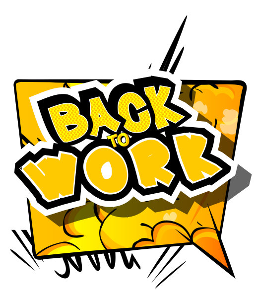 复工、工作休假、休假或失业经营理念。漫画书单词文本图片下载