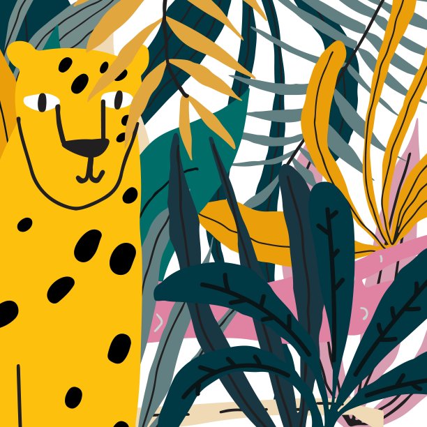 猎豹在丛林树叶。t恤、运动衫封面印刷设计矢量形象图片下载