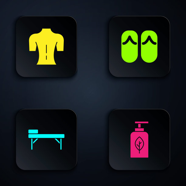 设置精油瓶，按摩，桌子和人字拖。黑色方形按钮。向量图片下载