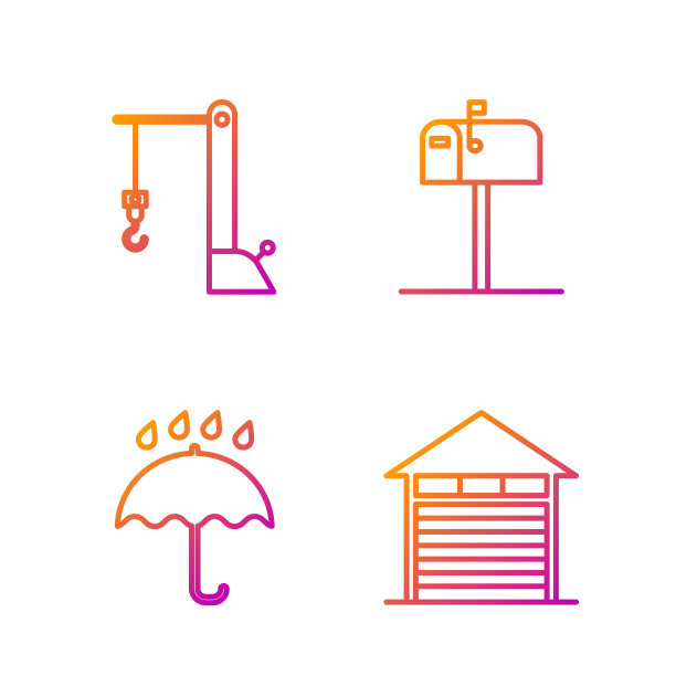 设置线封闭仓库，伞和雨滴，港口港口起重机和打开邮箱。渐变颜色图标。向量图片下载