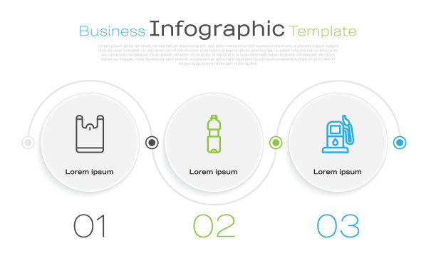 设置线塑料袋，瓶装水和汽油或加油站。业务信息模板。向量图片下载