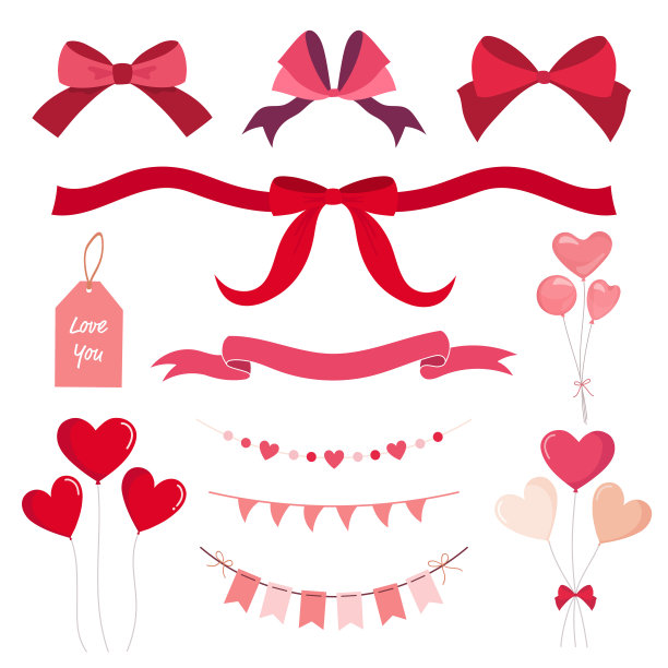 一组心形气球、丝带和花环。矢量插图收集情人节和生日聚会和贺卡。图片下载