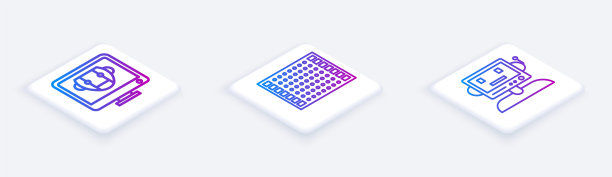 设置等距线机器人，印刷电路板PCB和机器人。白色正方形按钮。向量图片下载