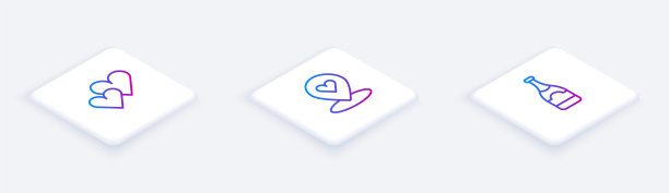 设置等距线心，位置与心和香槟瓶。白色正方形按钮。向量图片下载