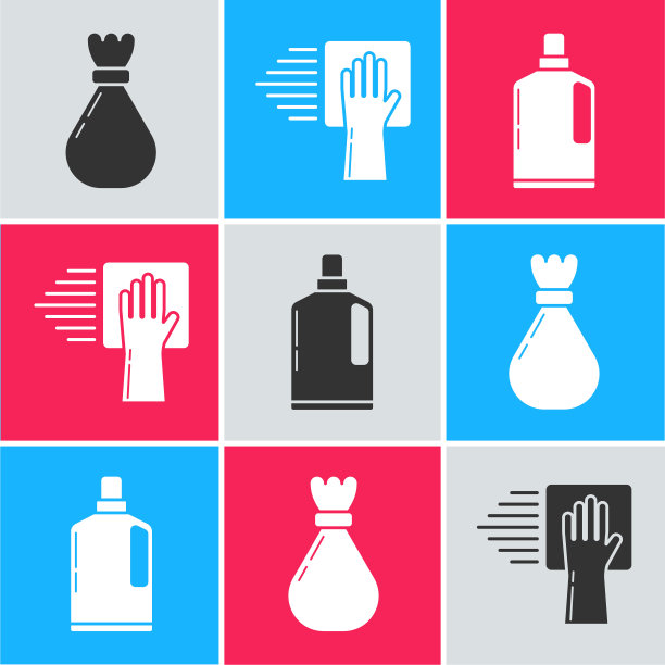 设置垃圾袋，清洁服务和塑料瓶液体洗碗液图标。向量图片下载