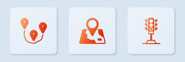 设置折叠地图与位置标记，路线和交通灯。白色正方形按钮。向量图片下载