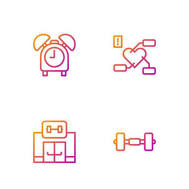设置哑铃、健身楼、闹钟、注意养生心。渐变颜色图标。向量图片下载