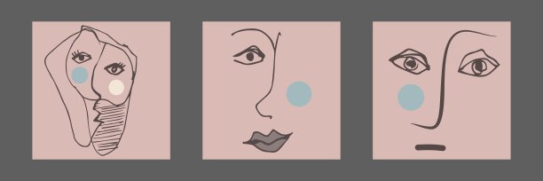 米黄色的一组带有抽象面孔的艺术作品图片下载