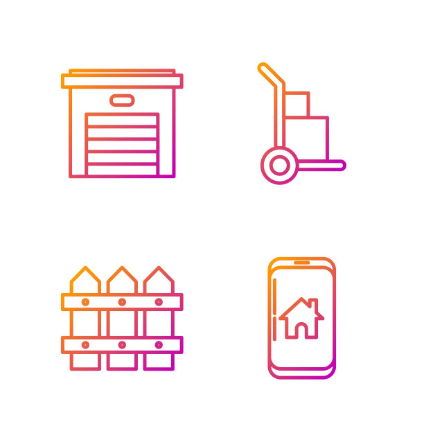 设置线手机智能家居，花园栅栏木，车库和手推车和箱子。渐变颜色图标。向量图片下载
