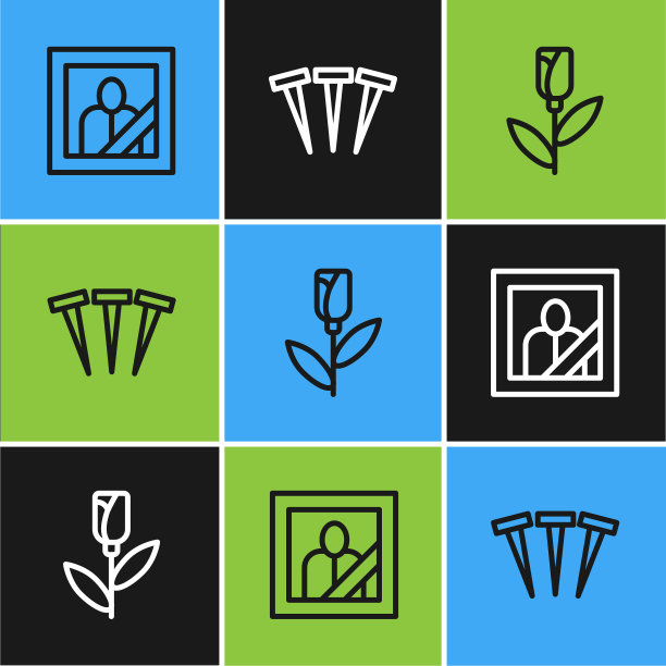 设置线哀悼相框，花玫瑰和金属钉子图标。向量图片下载