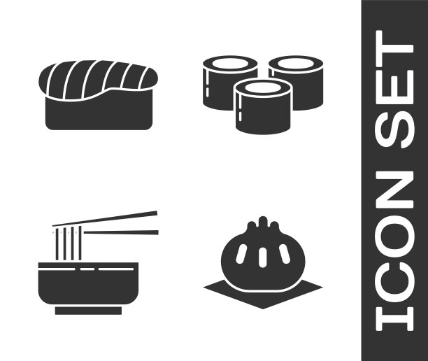 把Khinkali放在砧板上，寿司，碗里的亚洲面条，筷子和寿司图标。向量图片下载