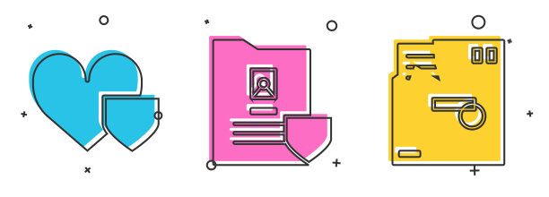 设置心与盾牌，文件与盾牌和订购信封图标。向量图片下载
