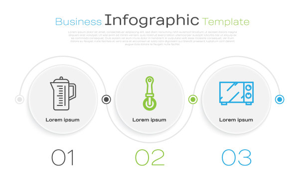 茶壶，披萨刀和微波炉。业务信息模板。向量图片下载