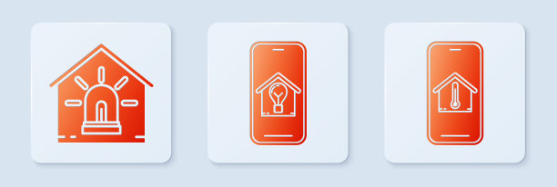 设置手机与智能家居及灯泡，智能家居及报警器，手机与家居温度。白色正方形按钮。向量图片下载