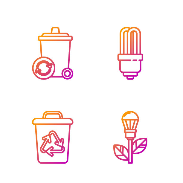 设线灯泡带叶片，回收站带回收站标志，回收站带回收站标志，LED灯泡。渐变颜色图标。向量图片下载