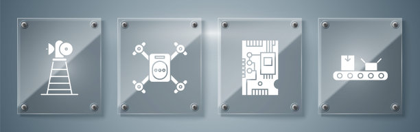 设置传送带与纸箱，电子计算机组件主板数字芯片，无人机飞行与行动相机和天线。方形玻璃面板。向量图片下载
