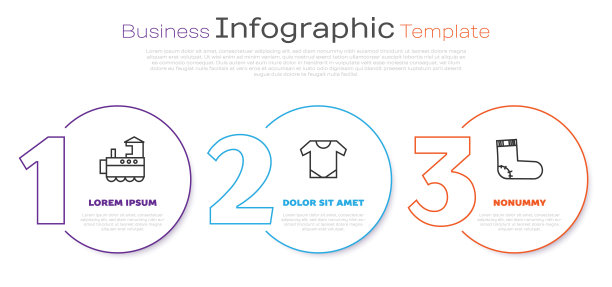 设置线玩具火车，婴儿连体衣和婴儿袜子衣服。业务信息模板。向量图片下载