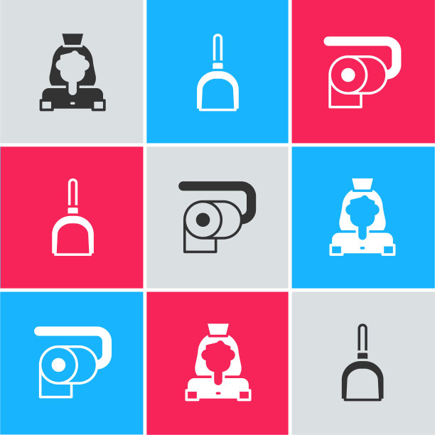 设置清洁女士服务，簸箕和卫生纸卷图标。向量图片下载