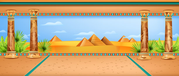 埃及沙漠景观，载体古埃及法老神庙背景，古石柱点缀。图片下载