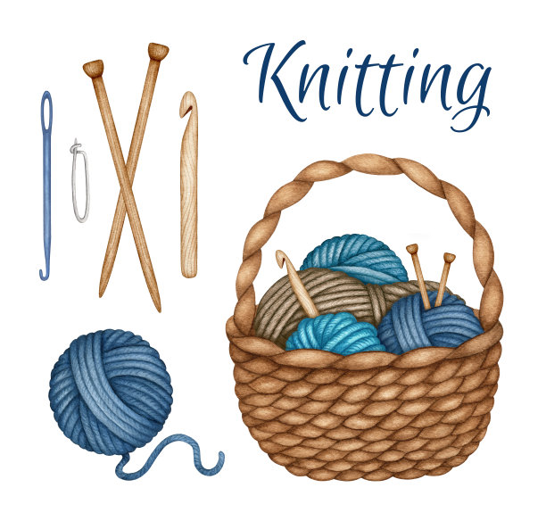 水彩编织和钩编工具在柳条篮子。木制针织针，羊毛球，绞，钩针钩。手绘剪贴艺术集，元素孤立图片下载