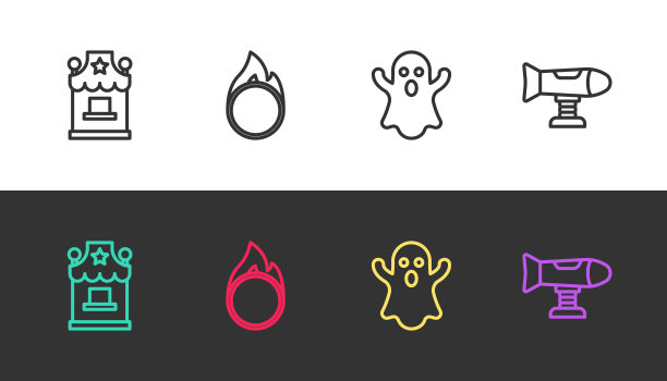 布景线售票处，马戏团火圈，鬼和秋千飞机黑白。向量图片下载