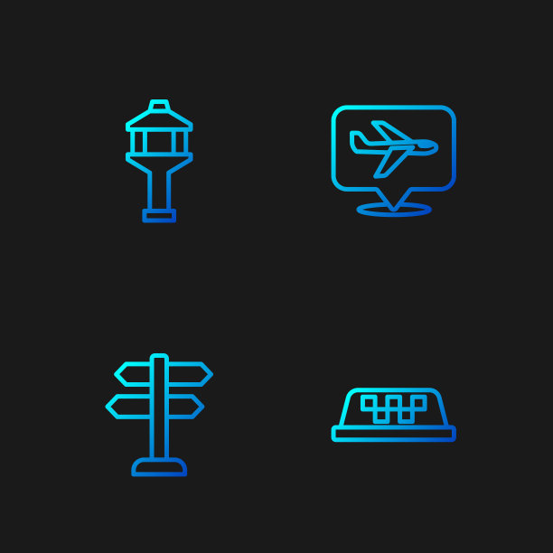 设置直线出租车车顶、道路交通标志、机场塔台、飞机。渐变颜色图标。向量图片下载