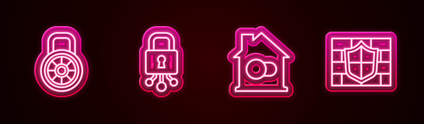设置线安全密码锁，网络安全，智能家居，砖墙防护。发光的霓虹灯图标。向量图片下载