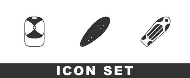 设置棒球帽，长板或滑板和滑板甲板图标。向量图片下载