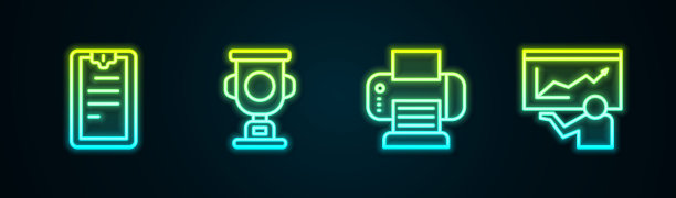 设置线剪贴板清单，奖杯，打印机和培训，介绍。发光的霓虹灯图标。向量图片下载