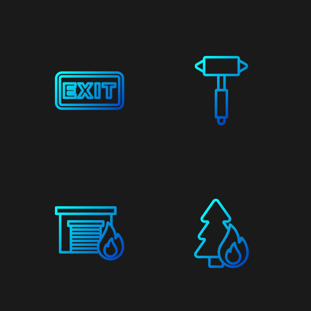 燃烧的森林树木、燃烧的车库、出口和消防斧渐变色图标矢量素材图片下载