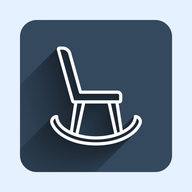 白色线条扶手椅图标孤立与长阴影背景。蓝色方块按钮。向量图片下载