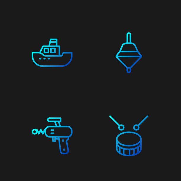 设置线鼓与鼓棒，雷枪，玩具船和旋转玩具。渐变颜色图标。向量图片下载