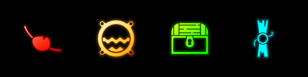 设置海盗眼罩，船舷窗海景，古董宝藏箱和法令，羊皮纸，卷轴图标。向量图片下载