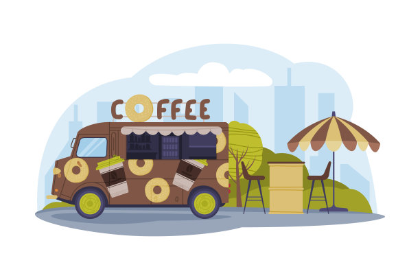 绿色公园区域的棕色食品卡车烹饪和销售街头食品矢量插图图片下载