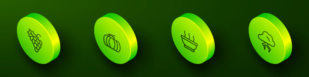 设置等距线葡萄水果，南瓜，碗热汤和风暴图标。向量图片下载