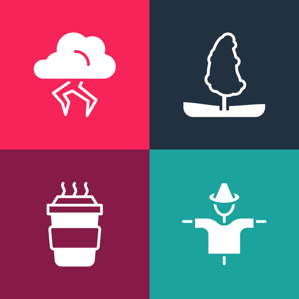 设置流行艺术稻草人，咖啡杯去，树和风暴图标。向量图片下载