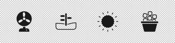 设置电风扇，道路交通标志，太阳和冰桶图标。向量图片下载