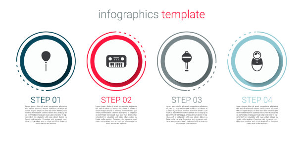 设置气球丝带，玩具钢琴，拨浪鼓婴儿玩具和Tumbler娃娃。业务信息模板。向量图片下载